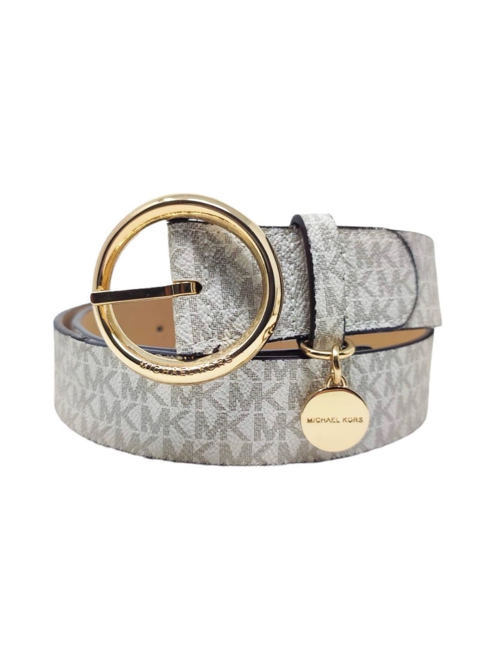 Michael Kors Beige-Gray Signature Belt with Gold Round Buckle